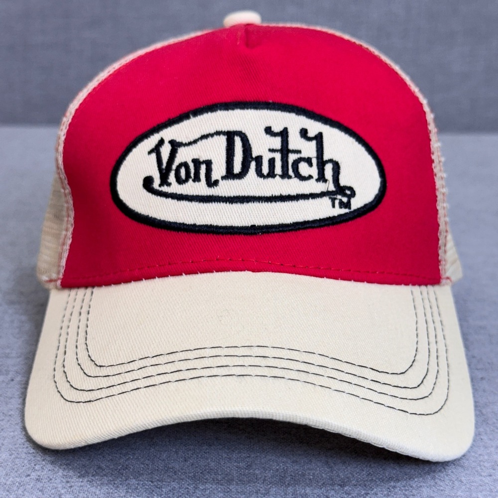 Von Dutch Red Cream Trucker Hat Embroidered Logo Snapback Mesh Cap Y2K Style